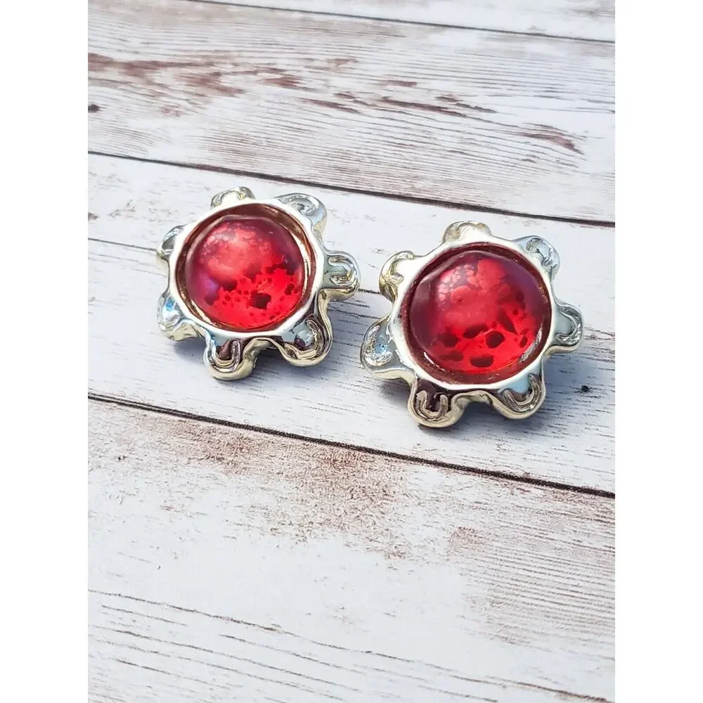Vintage Clip On Earrings Large Statement Earrings Red with Flower Like Halo